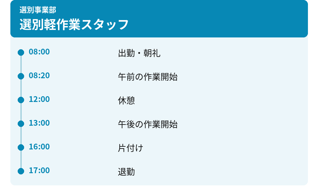 選別軽作業スタッフ。08:00 出勤・朝礼。08:20 午前の作業開始。12:00 休憩。13:00 午後の作業開始。16:00 片付け。17:00 退勤