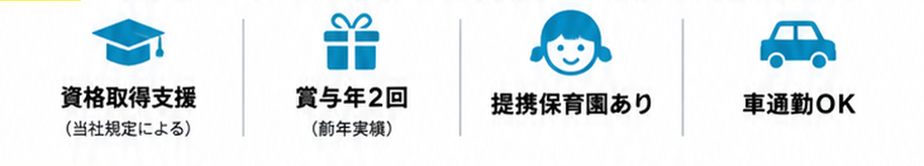 資格取得支援は当社規定による。賞与年2回は前年実績。提携保育園あり。車通勤OK。